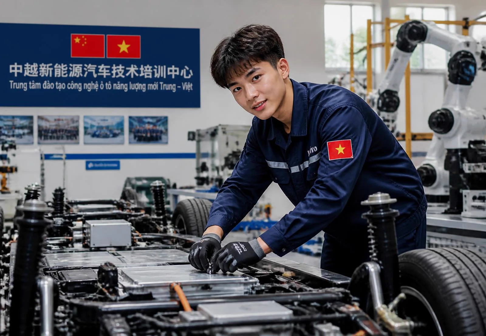 Học viên Việt Nam thực hành lắp ráp ô tô điện tại trung tâm đào tạo nghề Trung Quốc